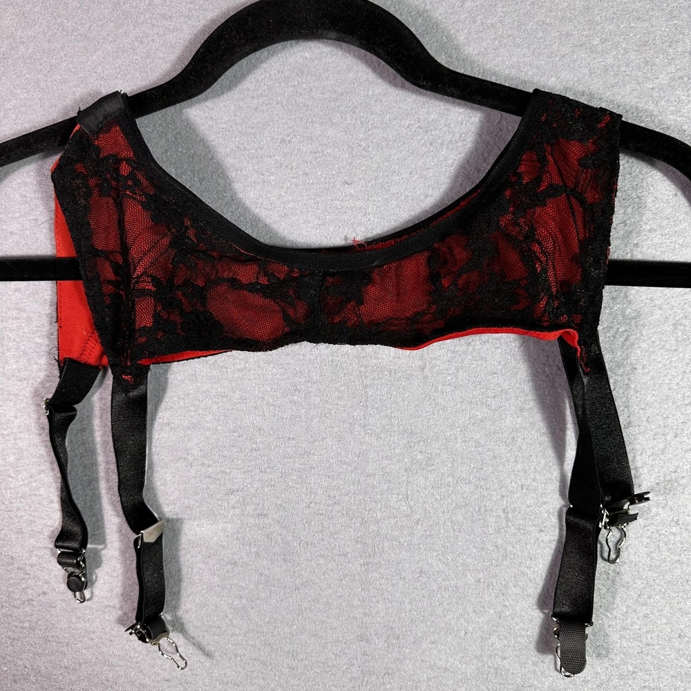 Folter Garter Belt Tank Womens Medium Red Black Lace Floral Sheer Lingerie